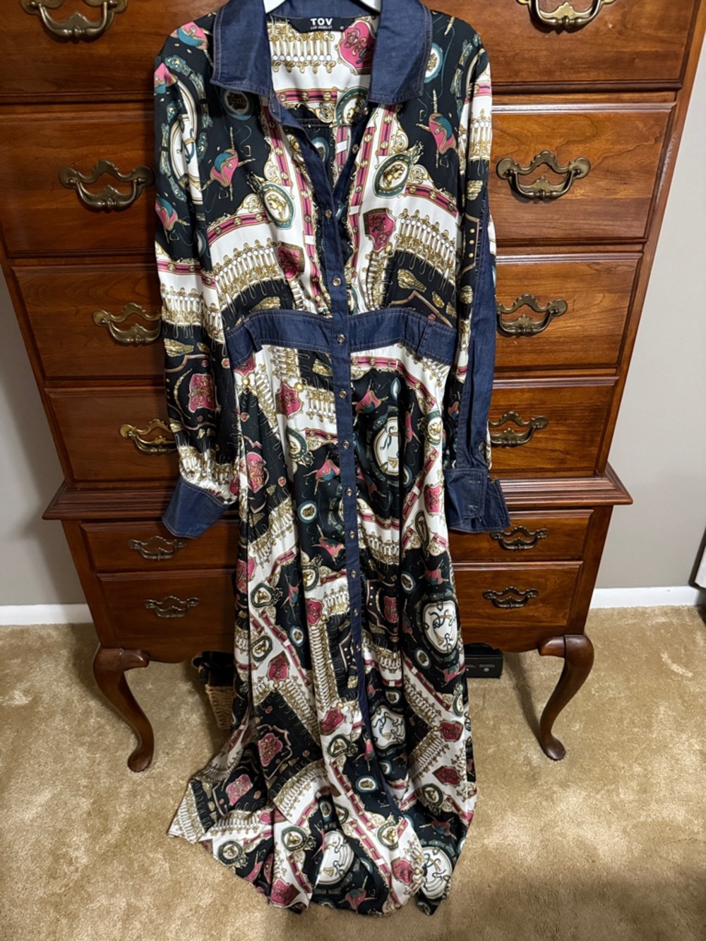TOV Black Multicolor Baroque-Print Maxi Shirt Dress